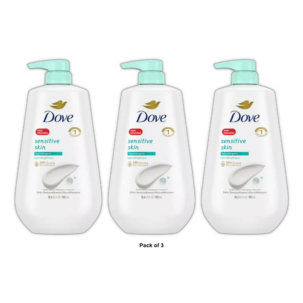 Dove Sensitive Skin Body Wash Pump Hypoallergenic and Sulfate Free 30.6Oz (Pack of 3)