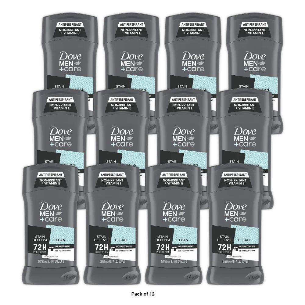 Dove Men Plus Care Stain Defense Antiperspirant Deodorant Stick Clean 2.7Oz (Pack of 12)