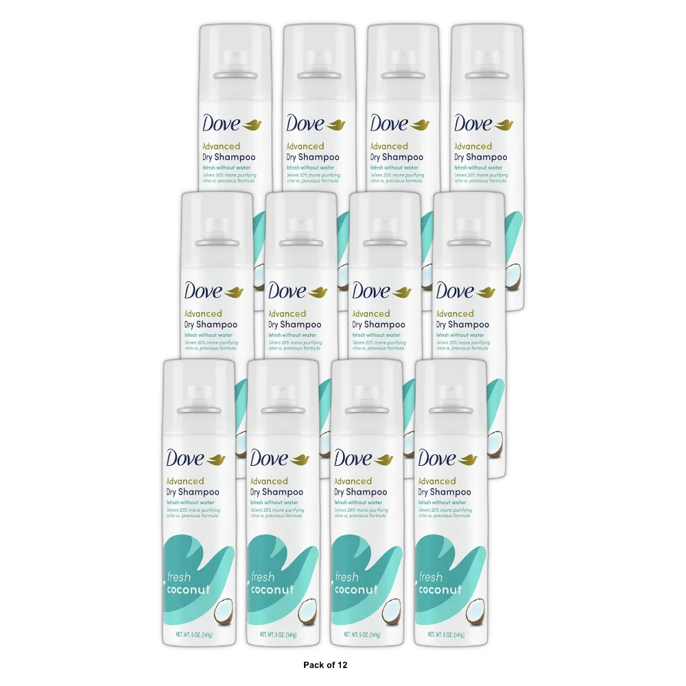 Dove Advanced Dry Shampoo Fresh Coconut Refresh Without Water 5Oz (Pack of 12)