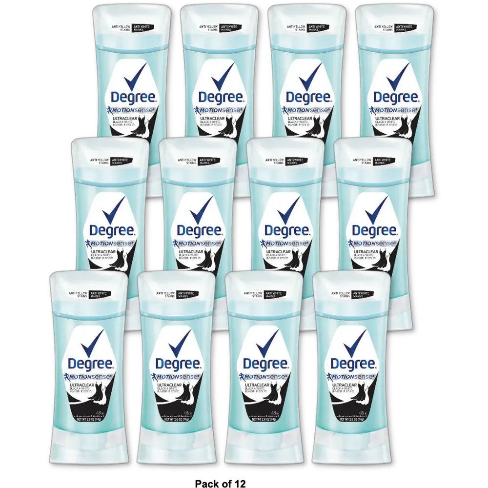 Degree MotionSense UltraClear Black Plus White Antiperspirant Deodorant Stick 2.6Oz (Pack of 12)