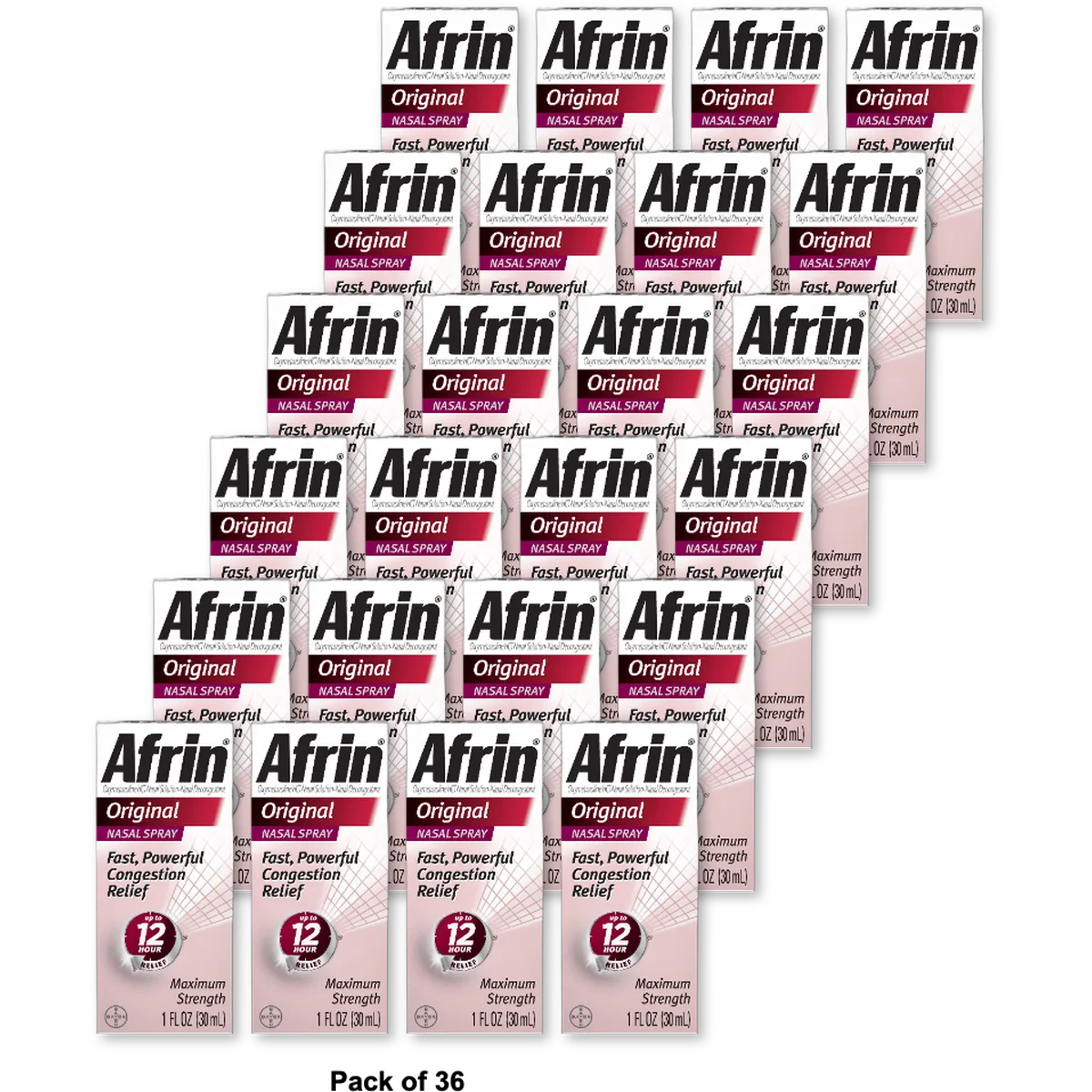 Afrin Nasal Decongestant 12 Hour Relief Nasal Spray Original 30 ml 1oz (Pack of 36)