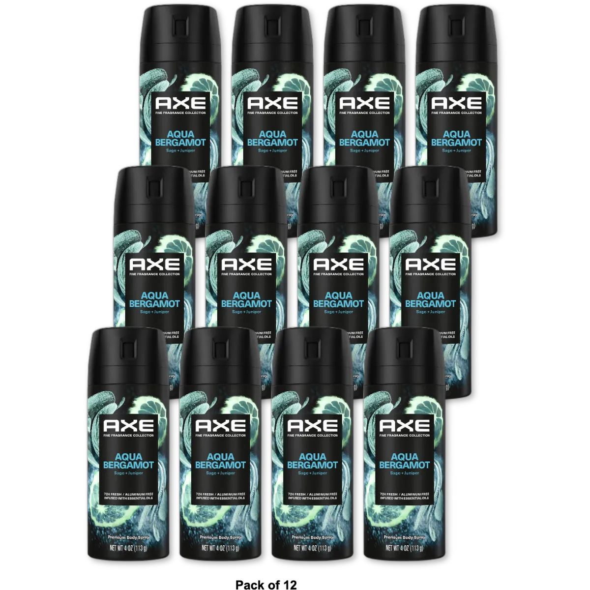 AXE Fine Fragrance Collection Premium Deodorant Body Spray for Men Aqua Bergamot with 72H Odor Protection and Freshness Infused with Aqua Bergamot and Sage Essential Oils 4 oz (Pack of 12)
