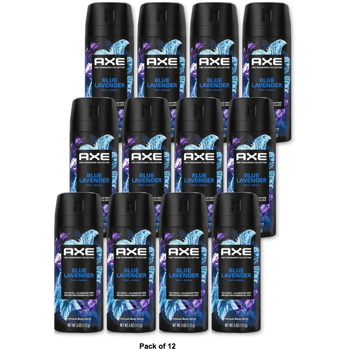 Axe Blue Lavender 72-Hour Aluminum-Free Premium Body Spray - Mint + Amber 4oz (Pack of 12)