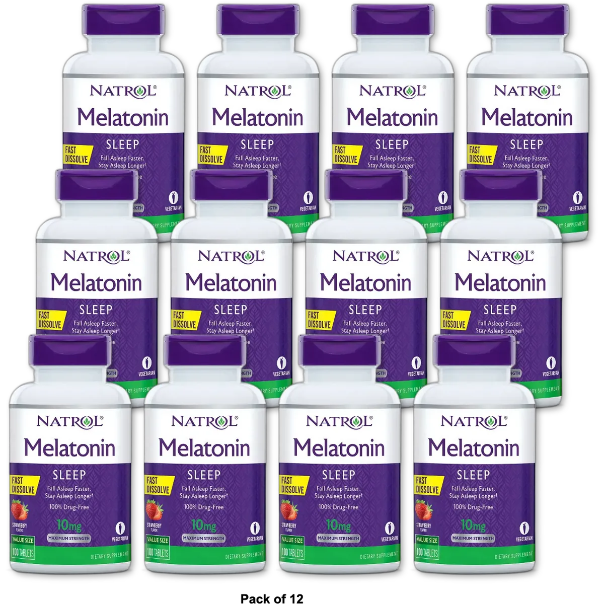 Natrol Melatonin 10Mg Maximum Strength Fast Dissolve Sleep Aid Tablets Strawberry 2.08oz (Pack of 12)