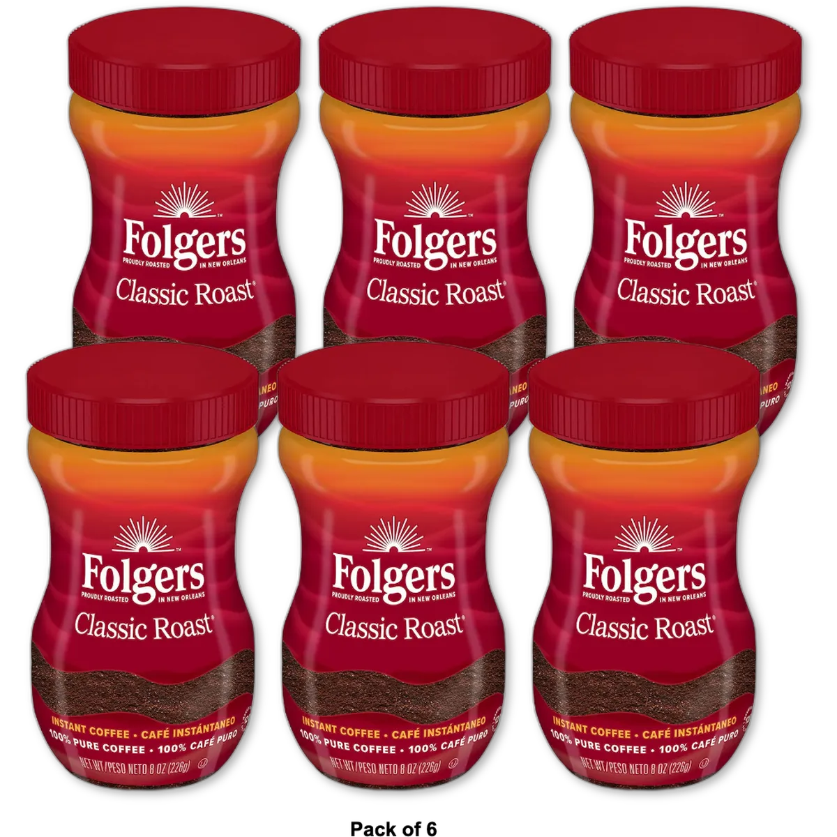 Folgers Classic Roast Instant Coffee Crystals 8Oz (Pack of 6)