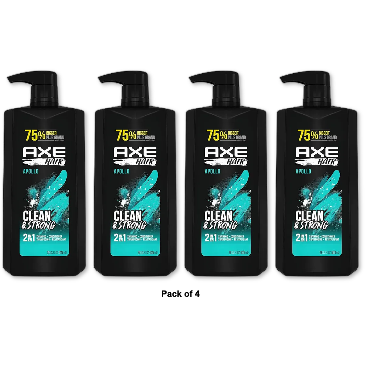 Axe Apollo Hair Clean and Strong 2 in 1 Shampoo Plus Conditioner 28Oz (Pack of 4)