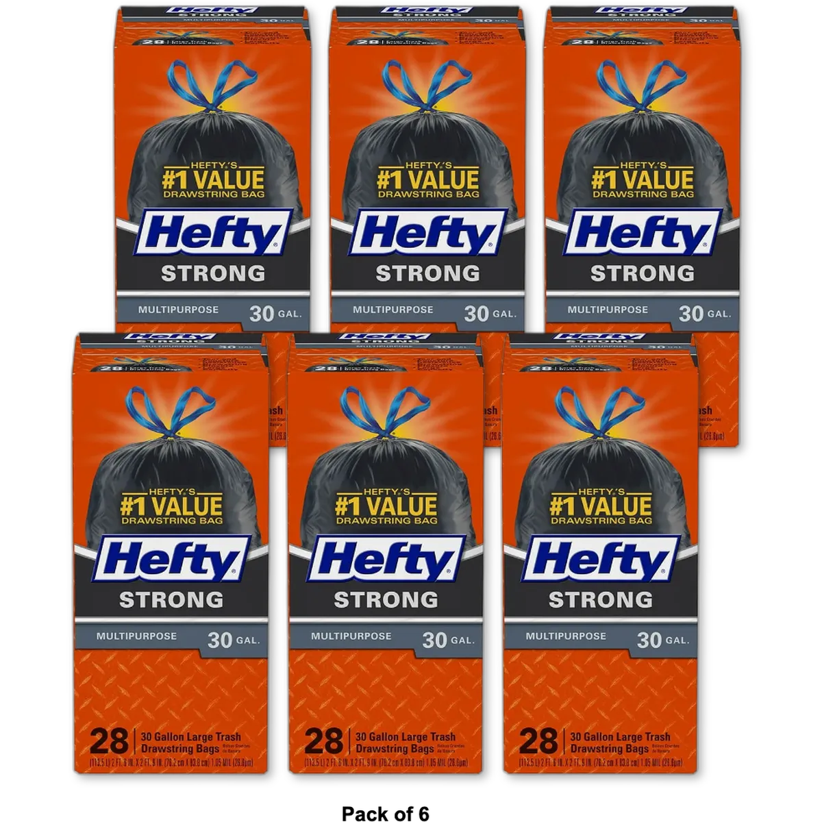 Hefty Strong Multipurpose Drawstring Trash Bags 30 Gallon 48oz (Pack of 6)