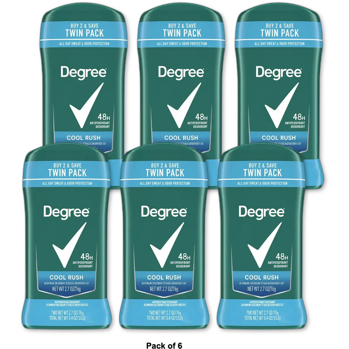 Degree Men Antiperspirant Deodorant Stick Cool Rush 2.7Oz (Pack of 6)