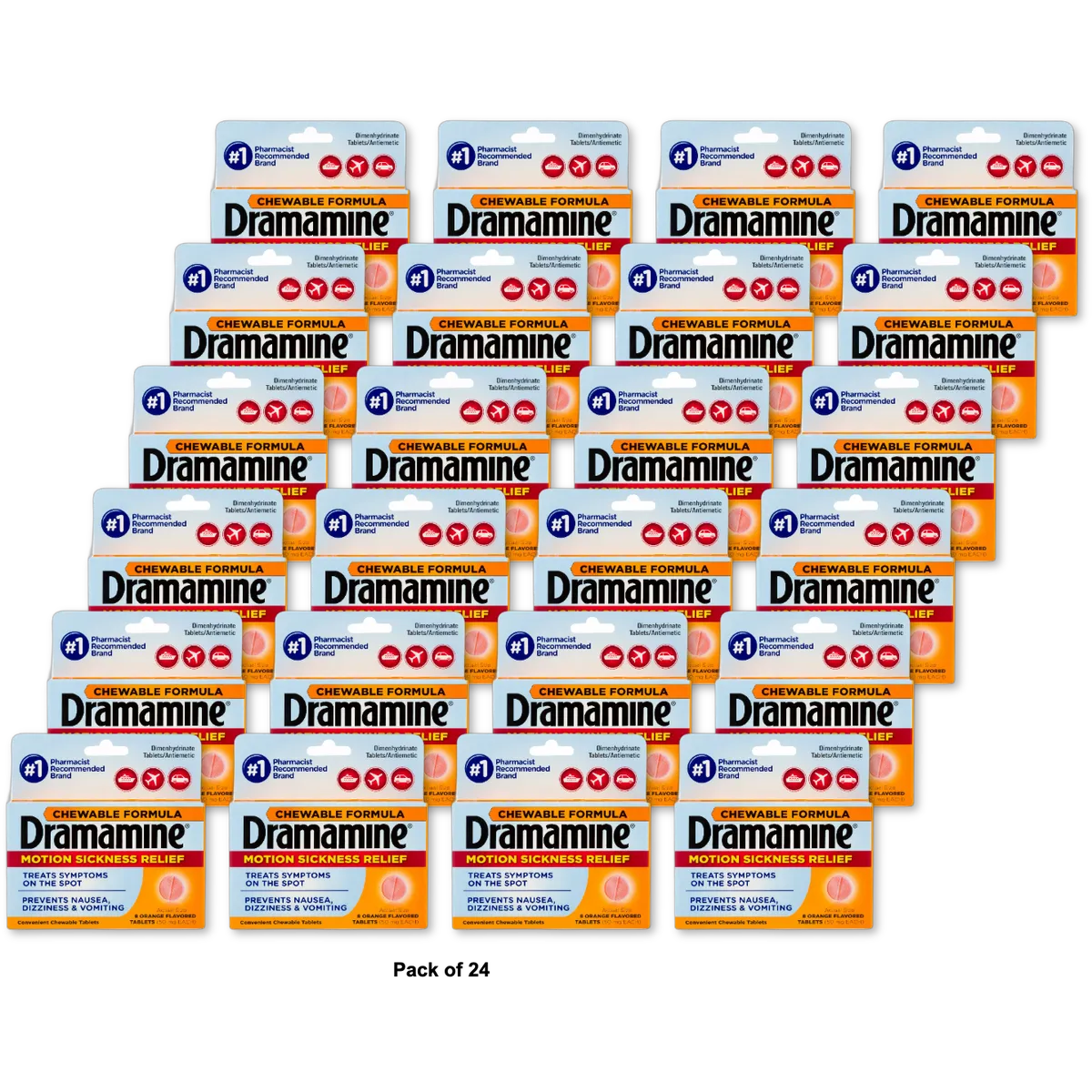 Dramamine Chewable Tablets For Motion Sickness Relief8 Ea 0.48Oz (Pack Of 24)