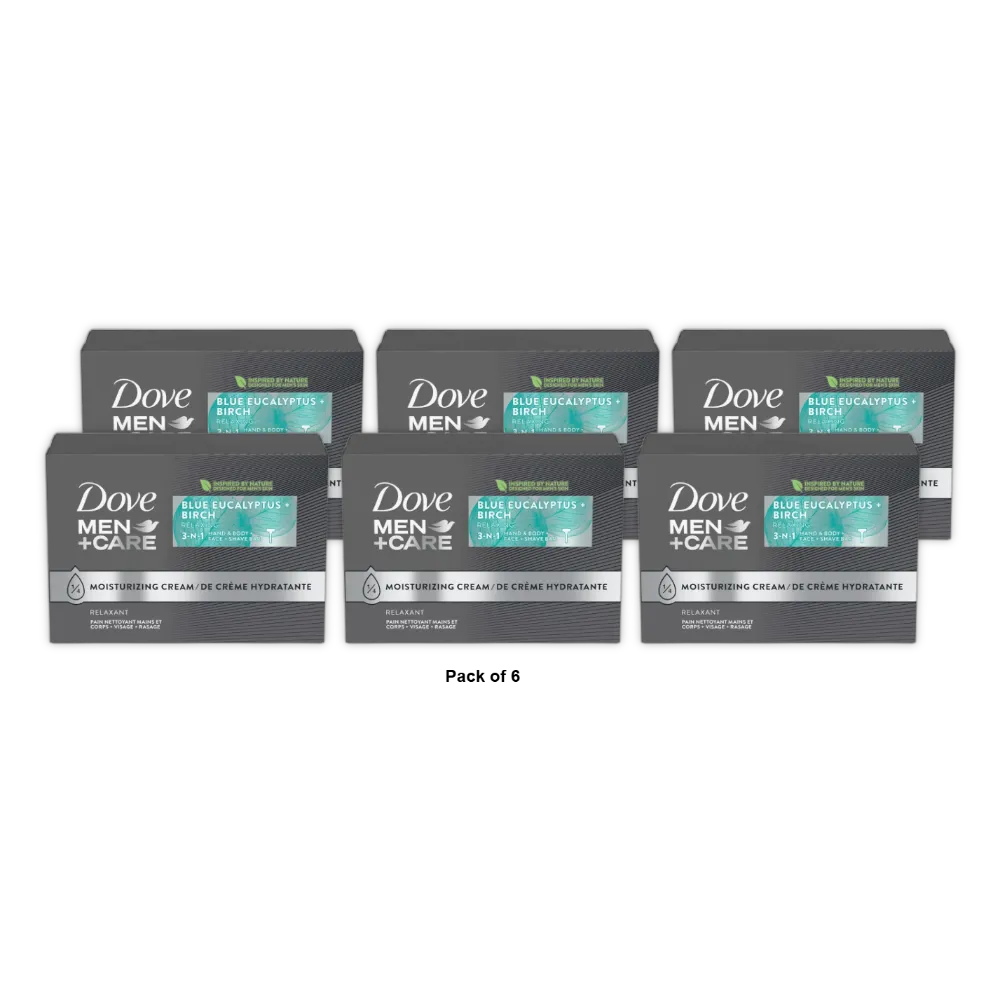Dove Men And Care Blue Eucalyptus Relaxing 3 in 1 for Body Face Shave Bar Soap 3.75Oz (Pack of 6)