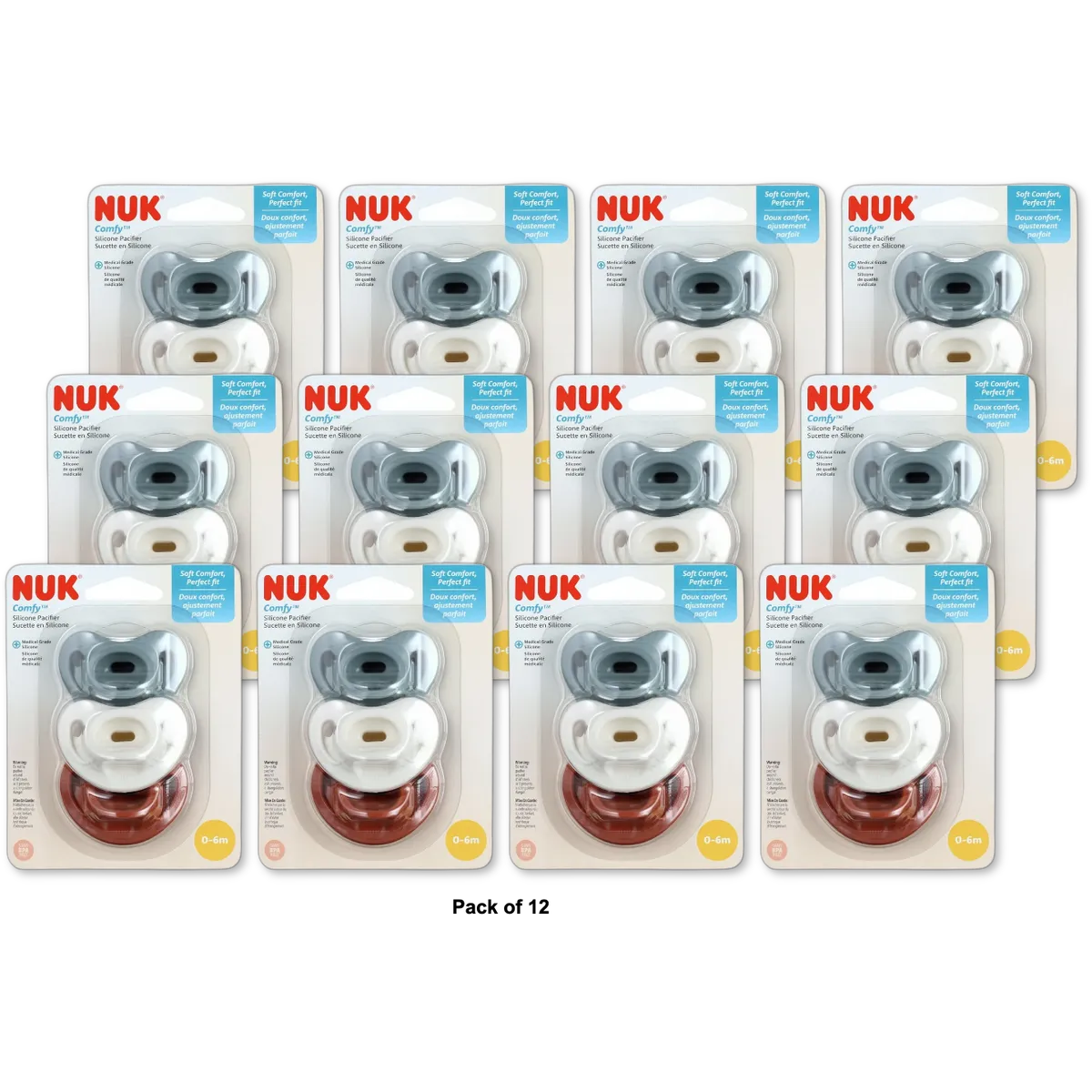 NUK ComfyG?? Orthodontic Pacifiers 0-6M Neutral Unisex 3 Pack 1.6oz (Pack of 12)