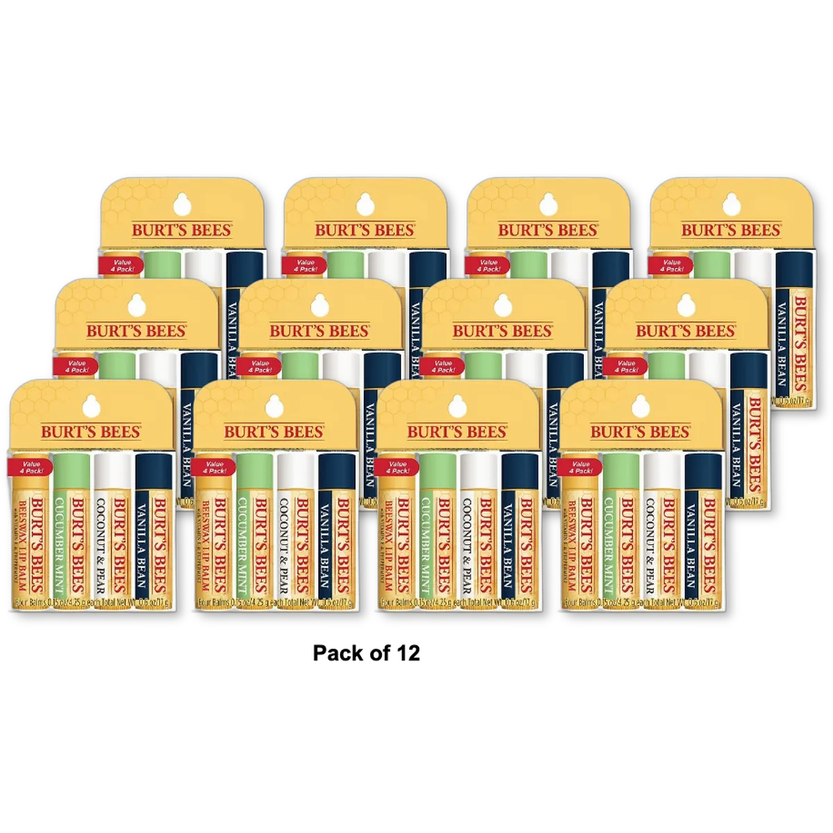 Burt'S Bees Beeswax + Cucumber Mint + Coconut & Pear + Vanilla Bean Lip Balm - 4 Count 0.6Oz (Image May Vary) (Pack Of 12)