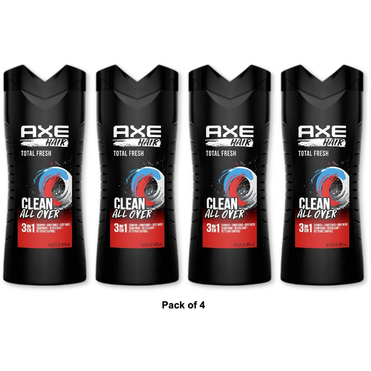 Axe Clean All Over Total Fresh 3-in-1 Body Wash Shampoo & Conditioner 16Oz (Pack of 4)
