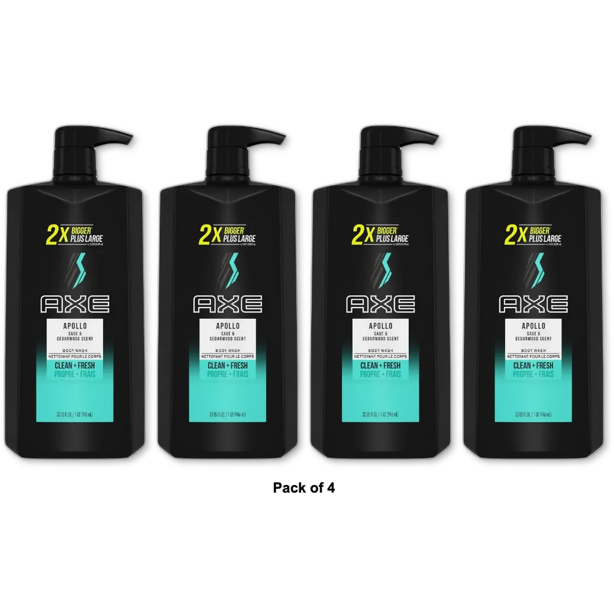 Axe Men Body Wash Apollo Sage and Cedarwood 32Oz (Pack of 4)