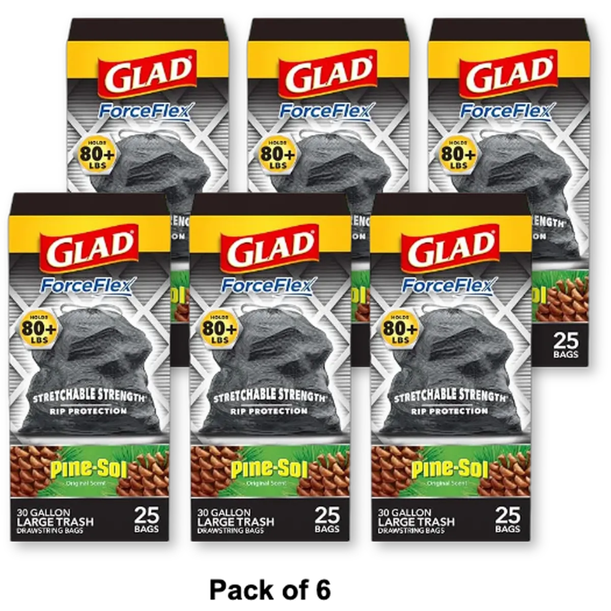 Glad ForceFlex Drawstring Trash Bag Pine-Sol 25 Bags 30.56oz (Pack of 6)