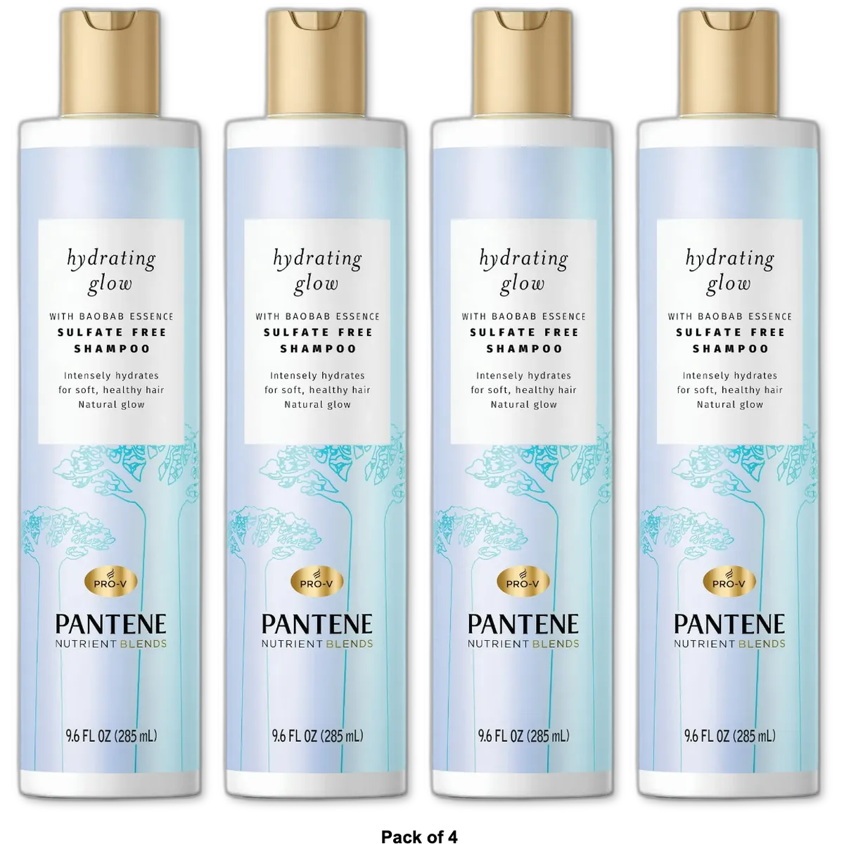 Pantene Hydrating Glow Baobab Essence Shampoo All Hair Types Sulfate & Silicon 9.6Oz (Pack of 4)