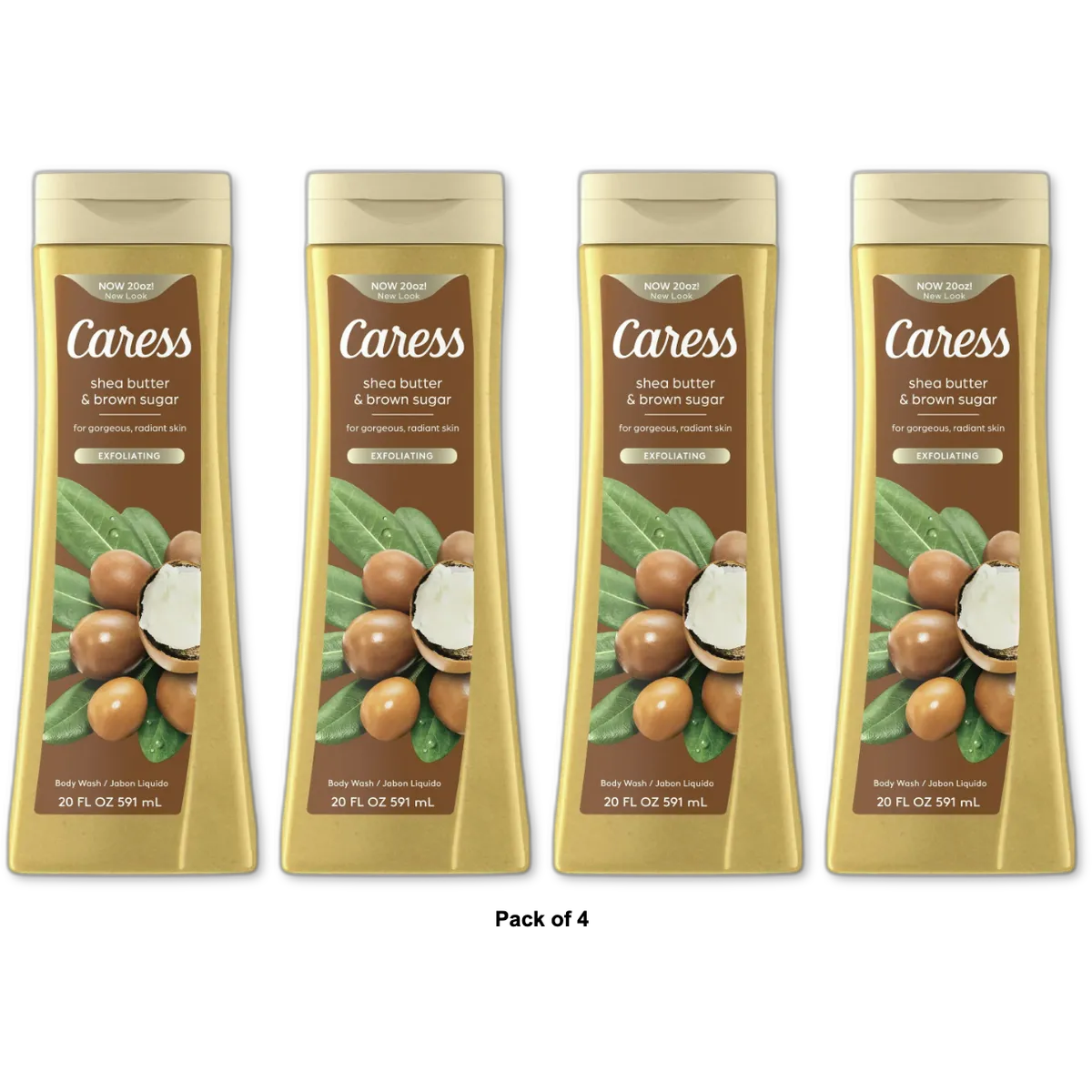 Caress Body Wash for Women Shea Butter and Brown Sugar for Dry Skin 20Oz (Pack of 4)