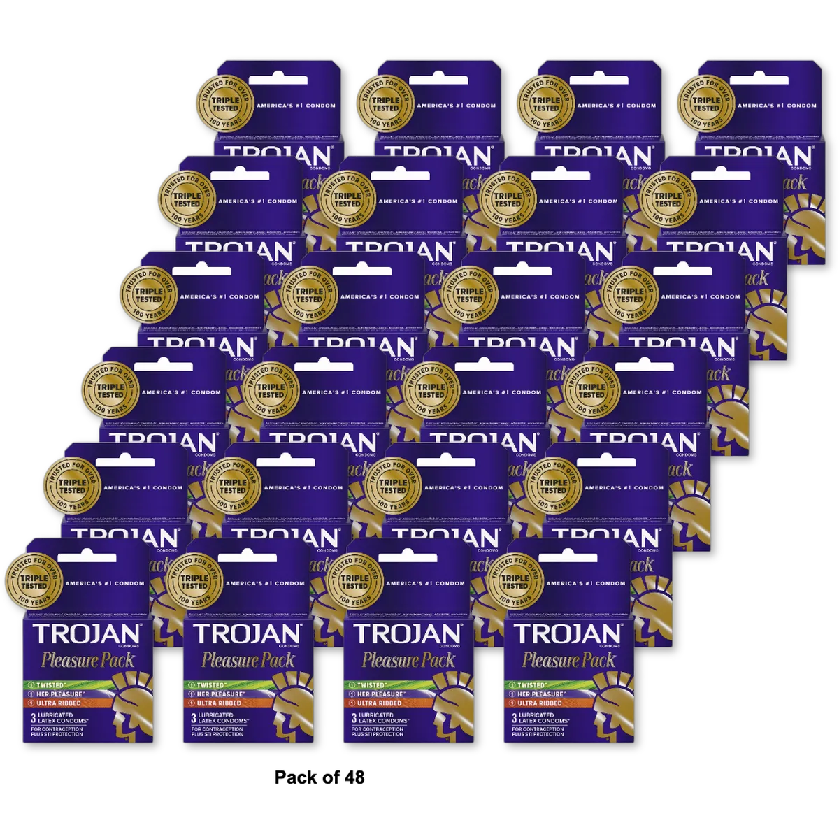Trojan Pleasure Pack Ultra Ribbed Lubricated Condoms 0.64oz (Pack of 48)