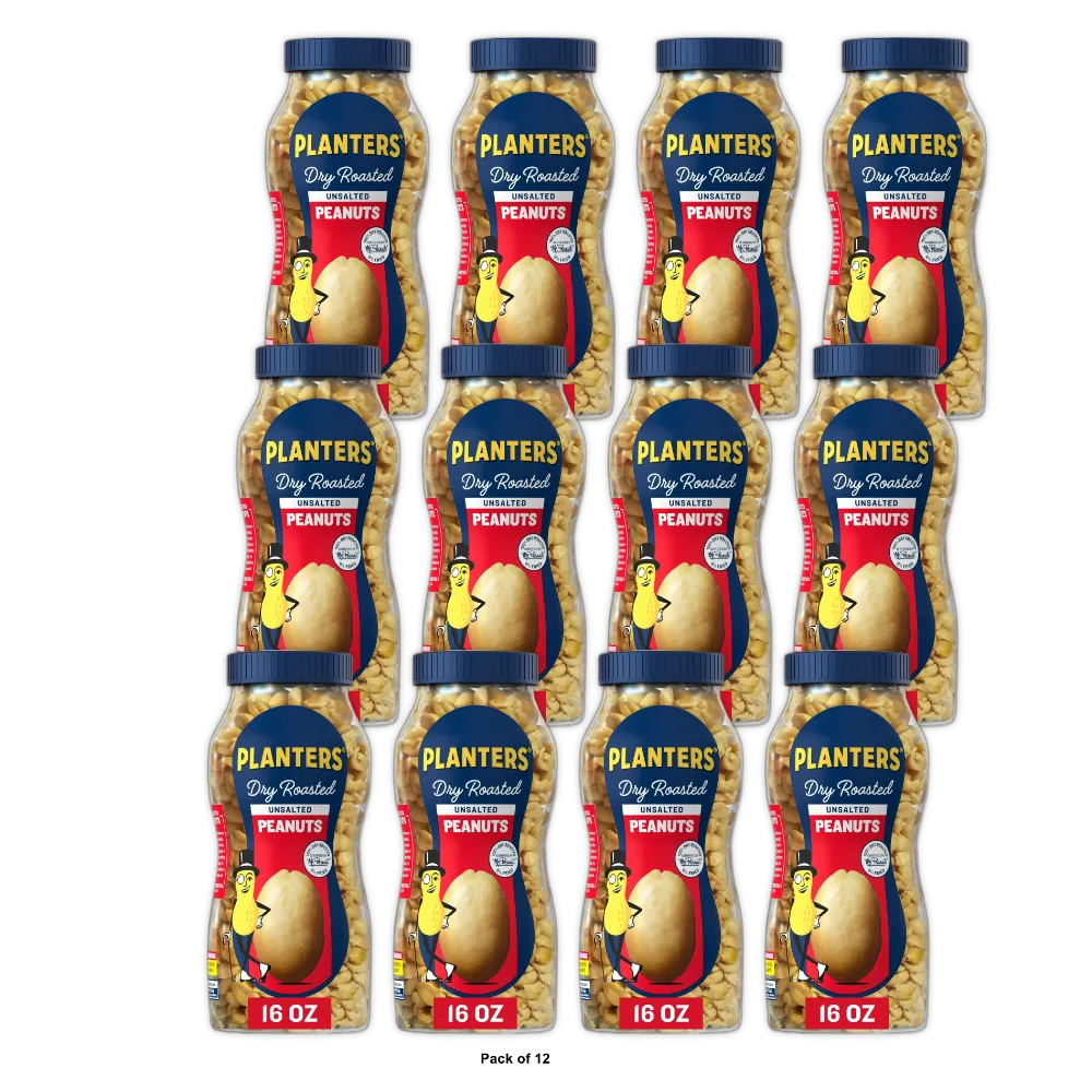 Planters Unsalted Dry Roasted Peanuts 16 OZ (Pack of 12)
