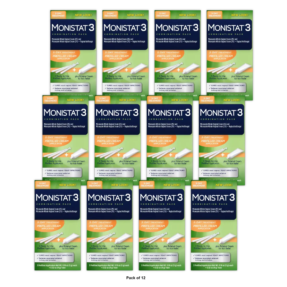 Monistat 3-Dose Yeast Infection Treatment 3 Prefilled Applicators & External Itc (Pack of 12)
