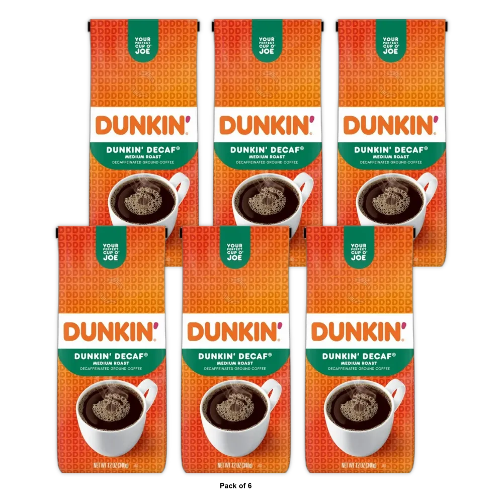 Dunkin’ Decaf Original Blend Ground Coffee Medium Roast bag 12 oz (Pack of 6)