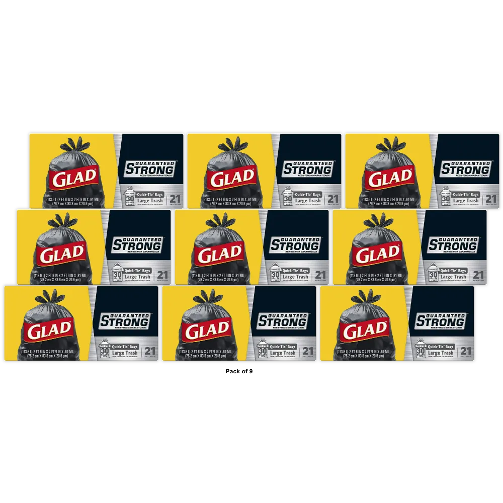 Glad Strong Quick-Tie Large Trash Bags, 30 Gallon, Black (Pack of 9)