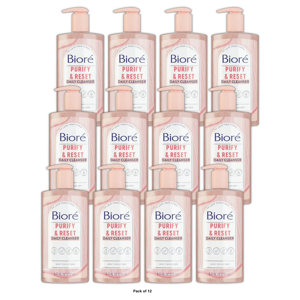 Biore Daily Purifying Cleanser, Oil Free Face Wash, Dermatologist Tested Rose Qu 6.77 oz (Pack of 12)