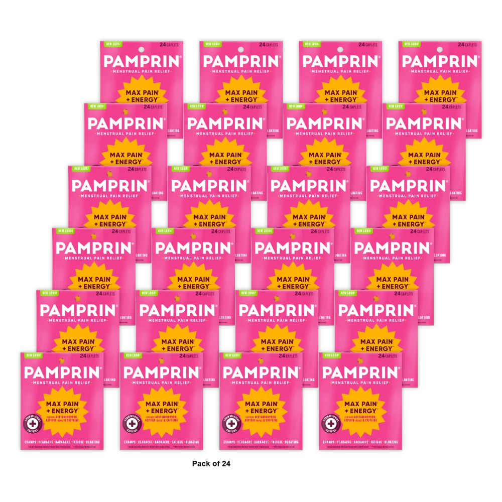 Pamprin Maximum Strength Max Pain + Energy Formula Menstrual Pain Relief Caplets 1.12 Oz (Pack of 24)