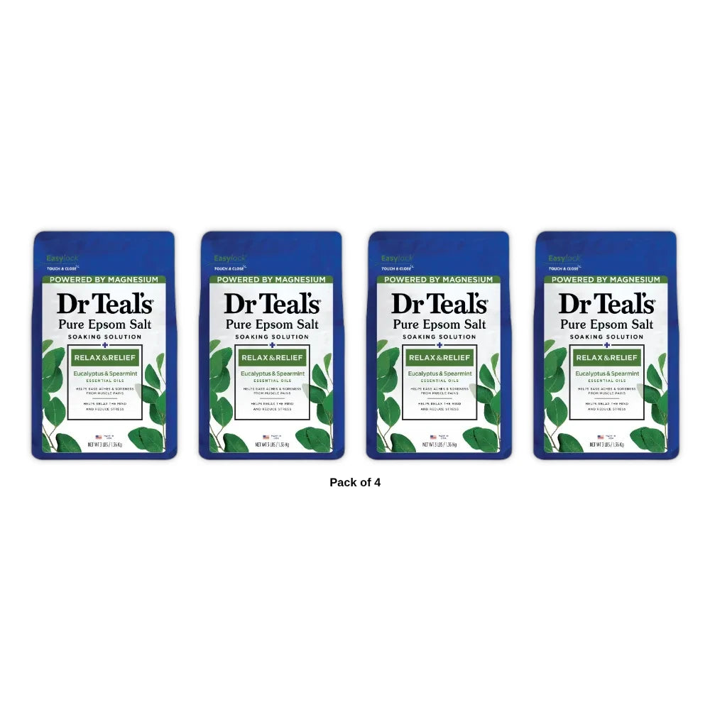 Dr Teal's Epsom Salt Magnesium Soak - Relax & Relief with Eucalyptus & Spearmint 48 Oz (Pack of 4)