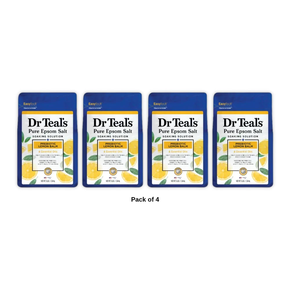 Dr Teal's Prebiotic Lemon Balm & Essential Oils Pure Epsom Salt Soaking Solution 48 Oz (Pack of 4)