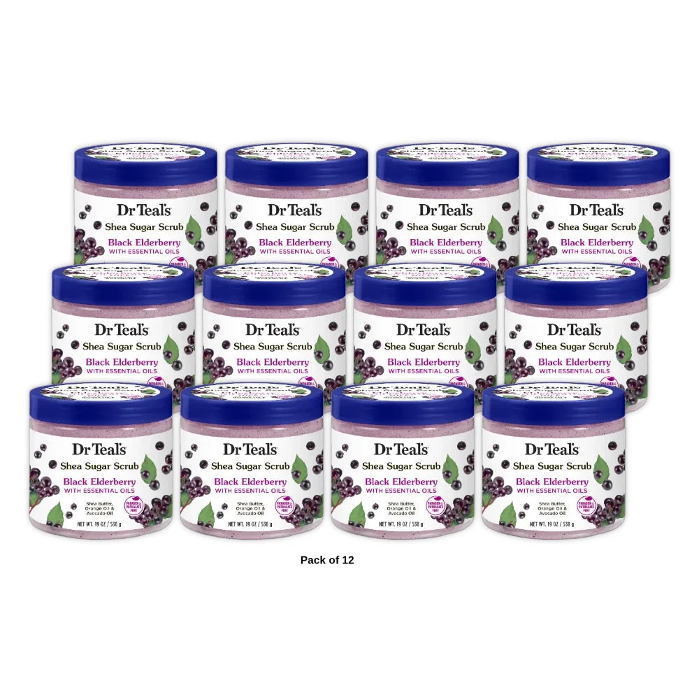 Dr Teal s Shea Sugar Body Scrub Black Elderberry with Essential Oils 19 oz (Pack of 12)