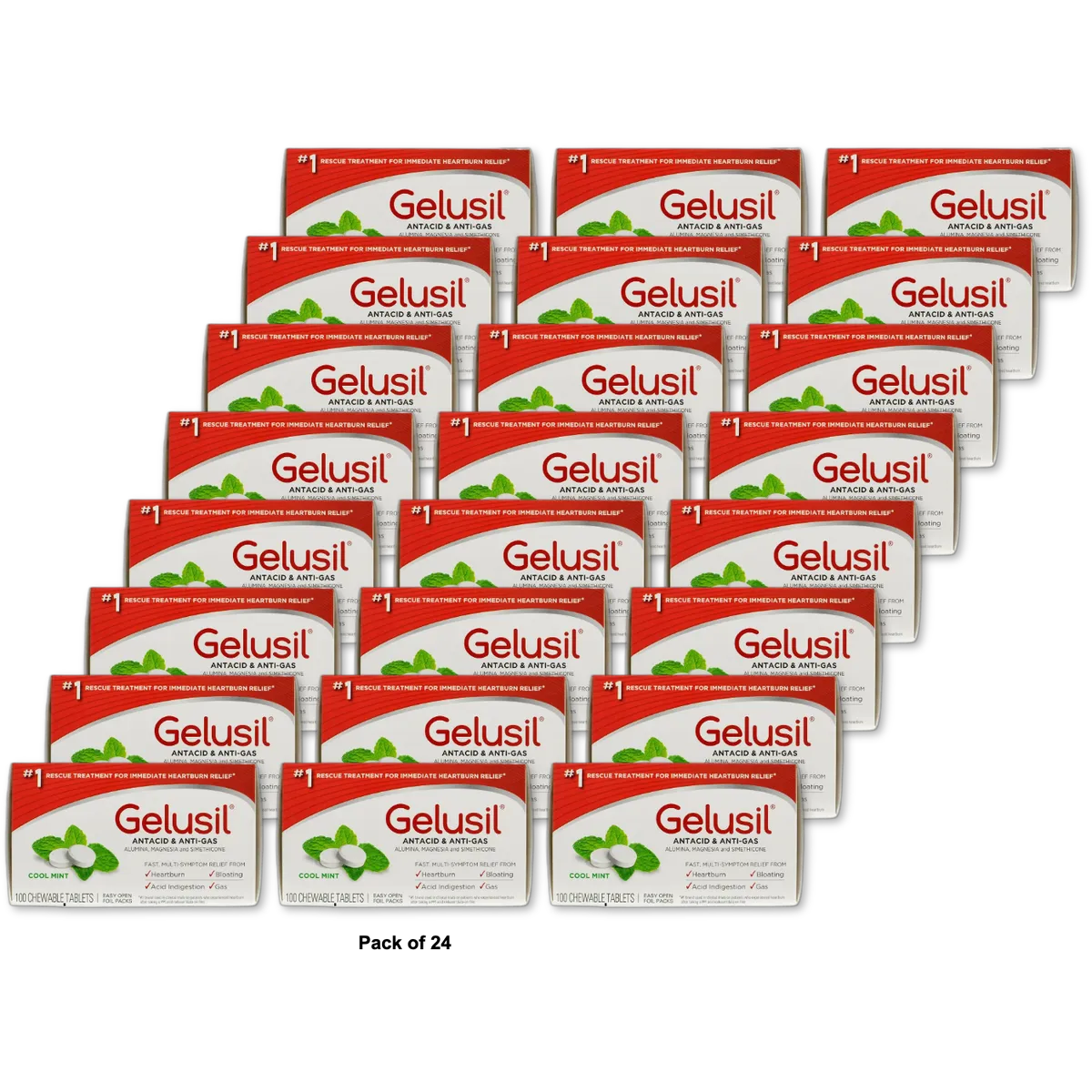 Gelusil Antacid Anti-Gas Tablets Peppermint Flavor 100 Each 5.6oz (Pack of 24)