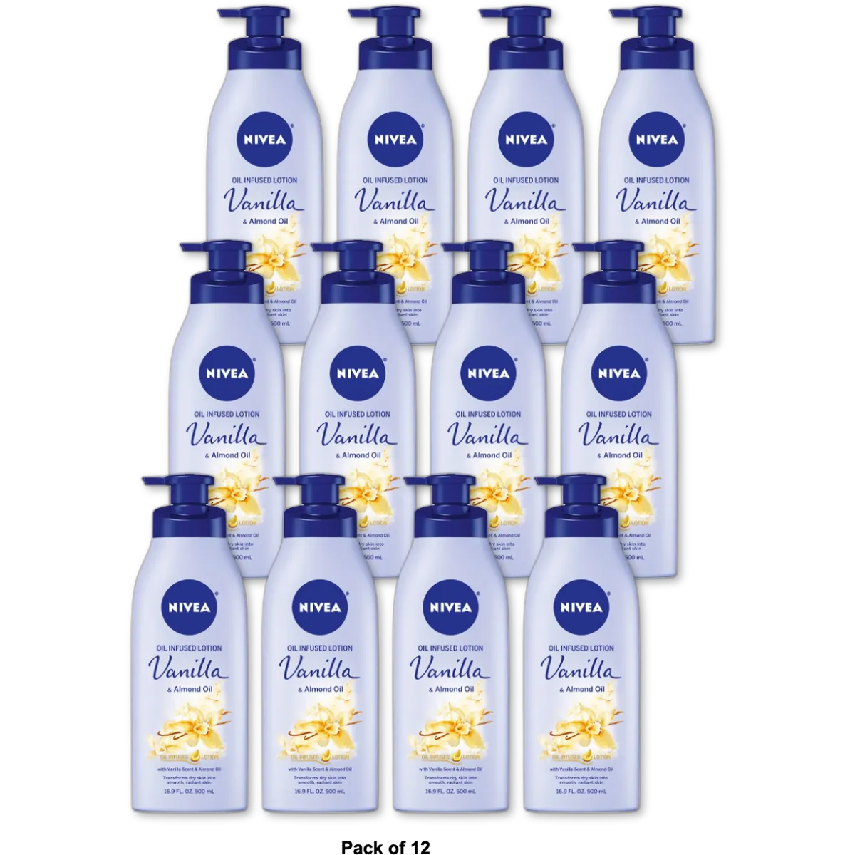 NIVEA Oil Infused Vanilla and Almond Oil Body Lotion for Women, Fast-Absorbing For Skin 16.9Oz (Pack of 12)