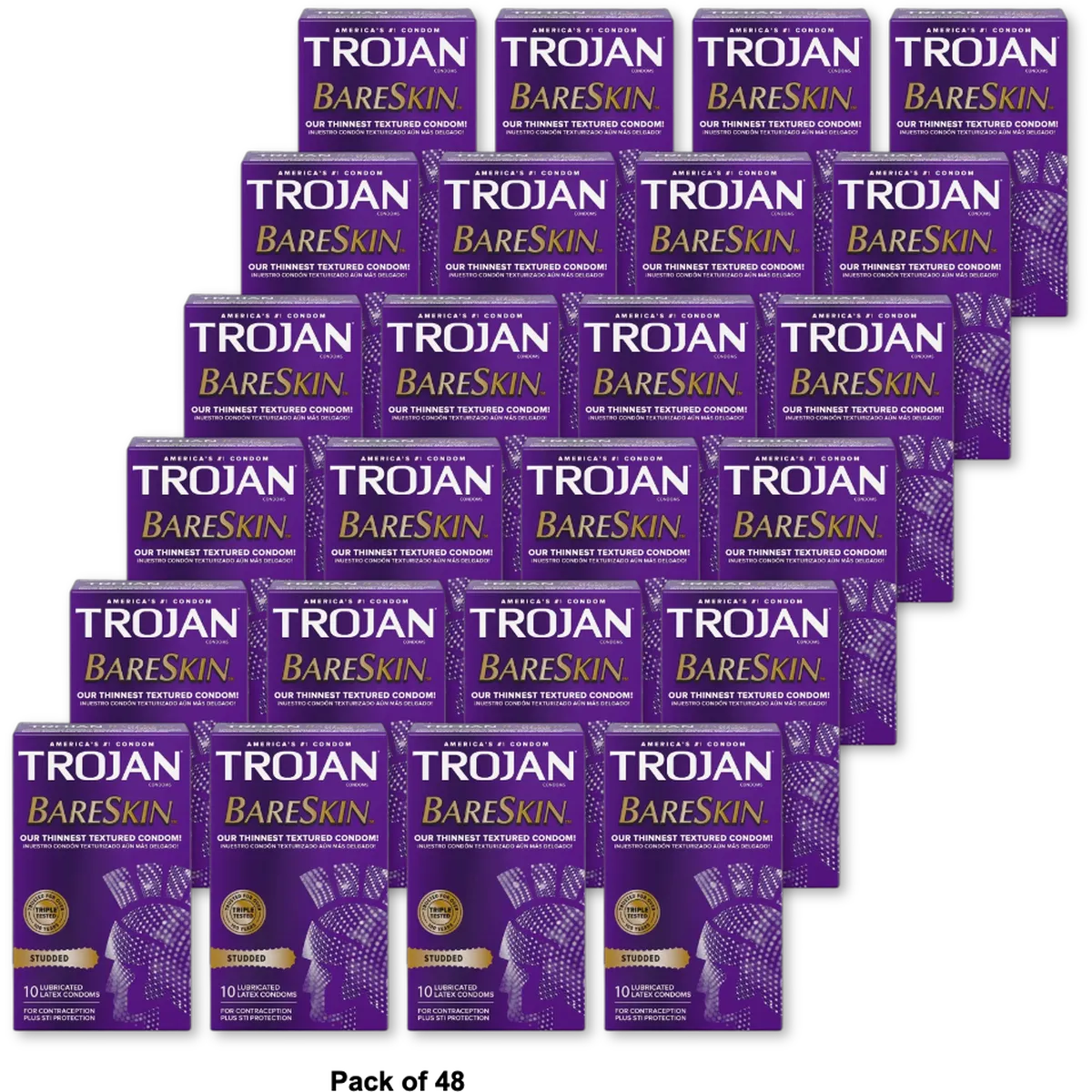 Trojan Studded Bareskin Lubricated Condoms 0.2 Oz (Pack Of 48)