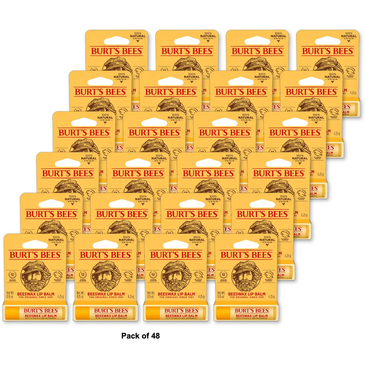 Burts Bees 100% Natural Origin Moisturizing Lip Balm Original Beeswax 0.15Oz (Pack Of 48)