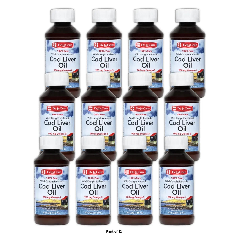 De La Cruz Cod Liver Oil Omega 3 Pure Fish Oil Supplement Liquid 4 Fl Oz (Pack of 12)