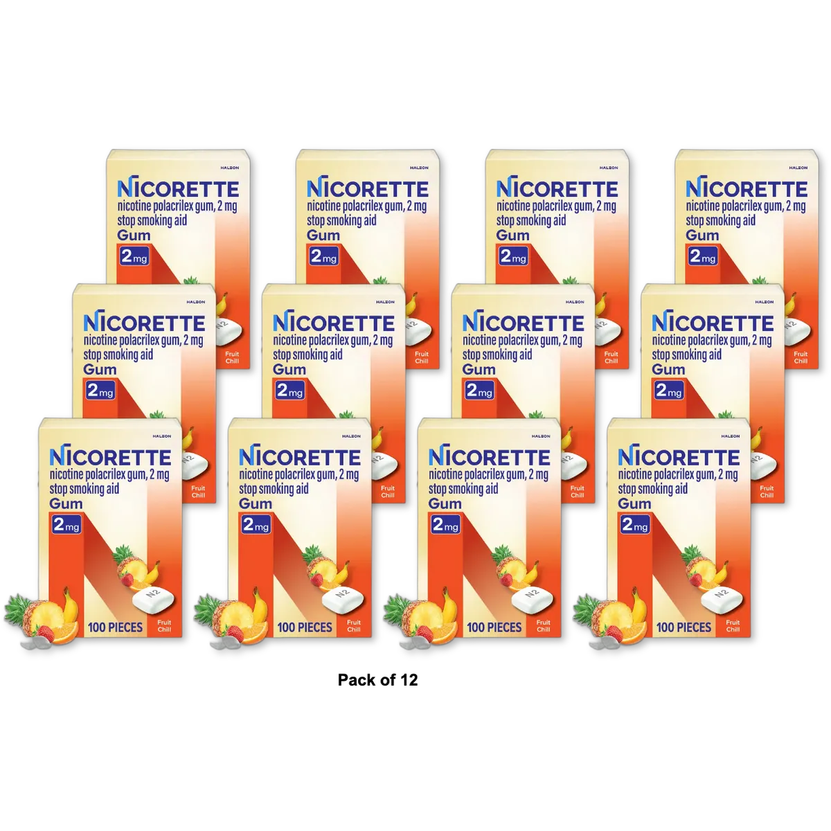 Nicorette 2mg Gum Stop Smoking Aid Fruit Chill 4Oz(Pack of 12)