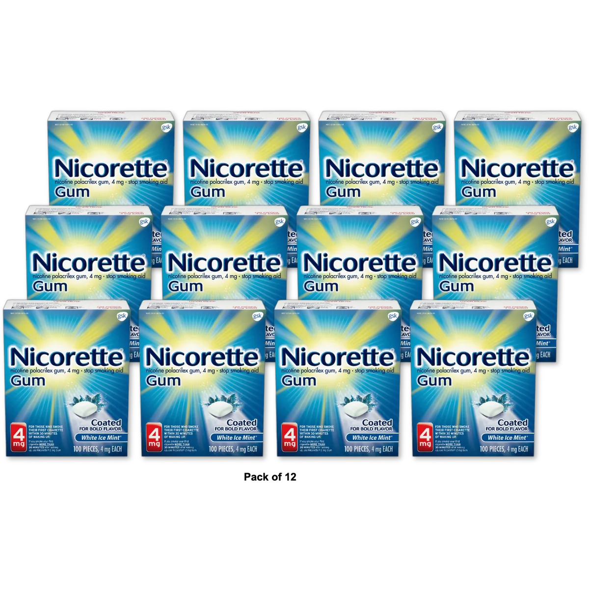 Nicorette Nicotine Stop Smoking Aid Gum 4 Mg White Ice Mint 5.29Oz (Pack of 12)