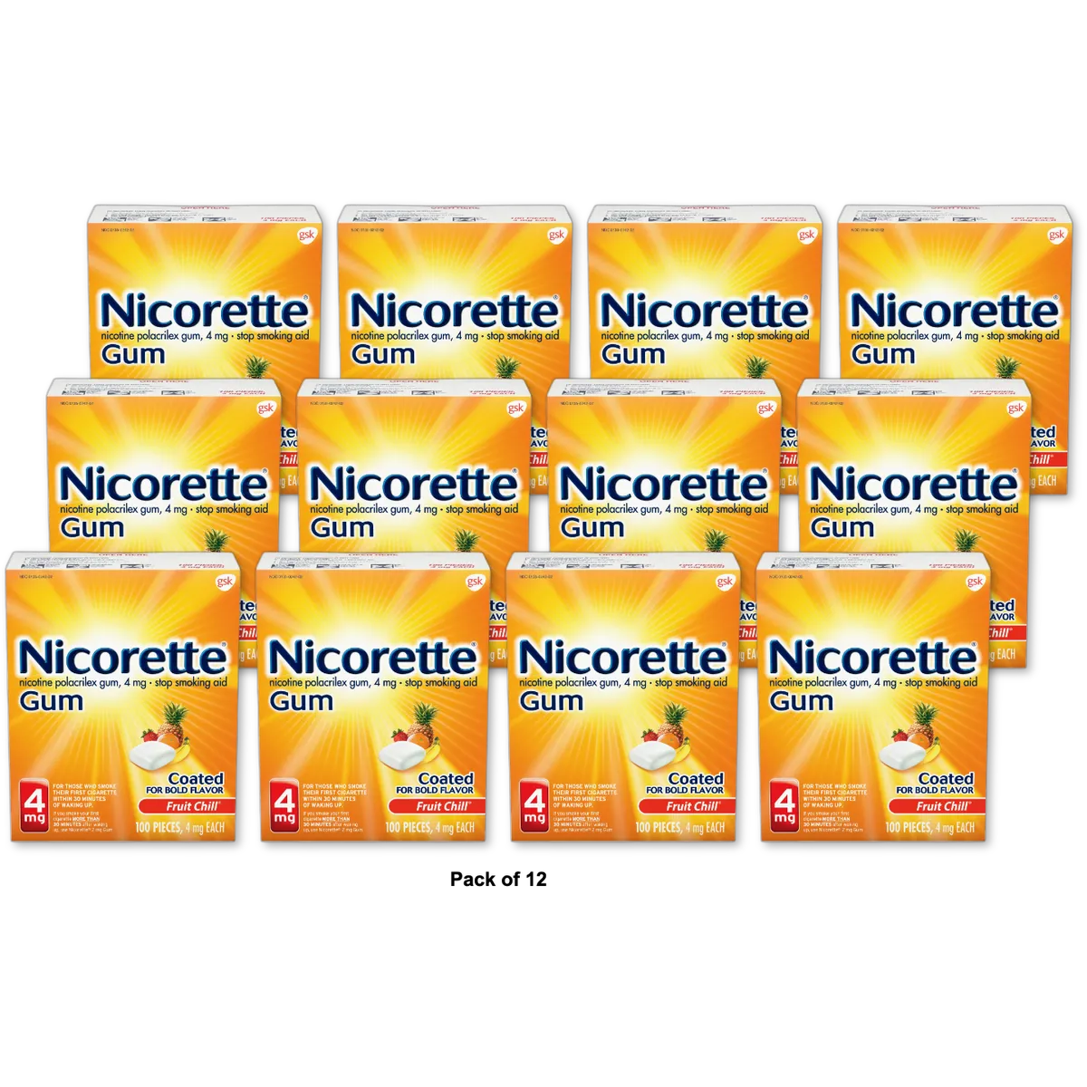 Nicorette Stop Smoking Aid 4mg Gum Fruit Chill 6.20Oz (Pack of 12)