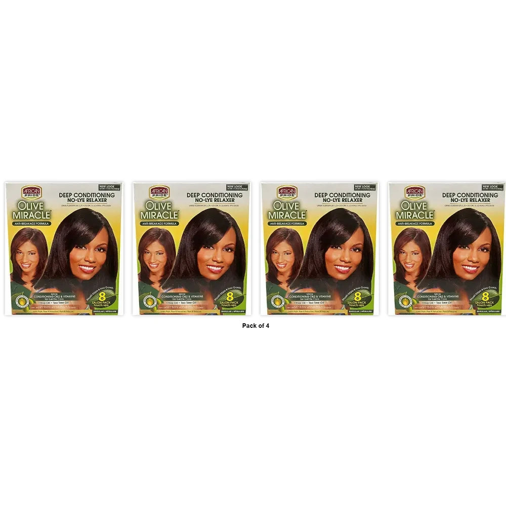 African Pride Olive Miracle Deep Conditioning No-Lye Relaxer - Regular Kit 8-Cou (Pack of 4)