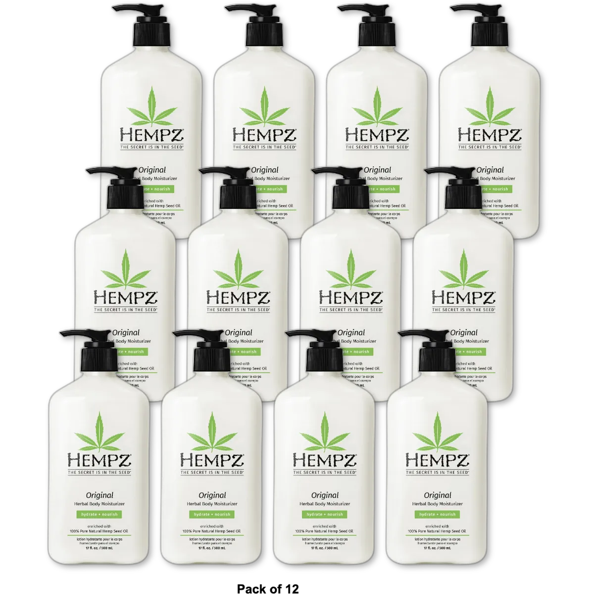 Hempz Original Herbal Body Moisturizer with Pump for Dry Skin 17Oz (Pack of 12)