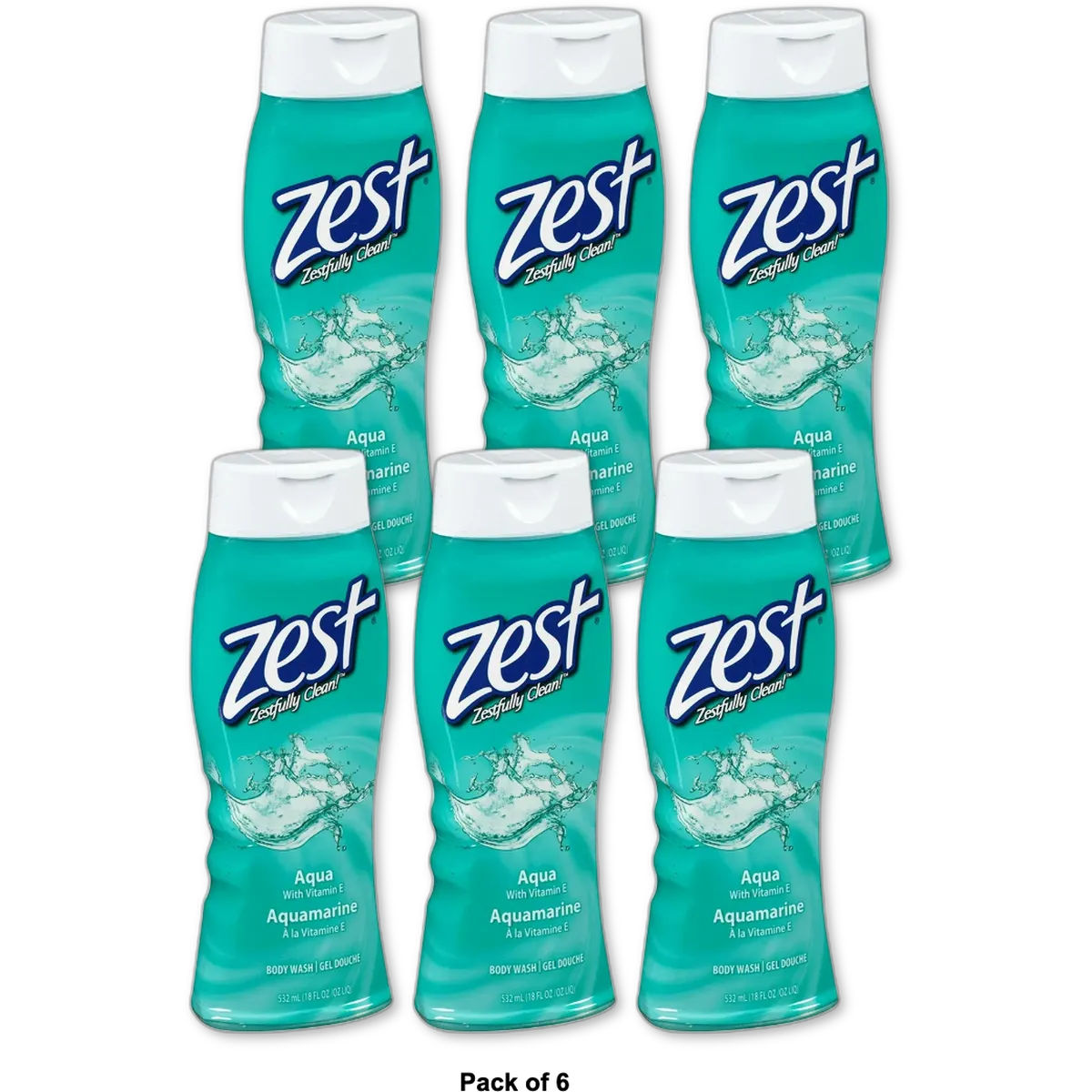 Zest Aqua with Vitamin E Refreshing Body Wash 18Oz (Pack of 6)