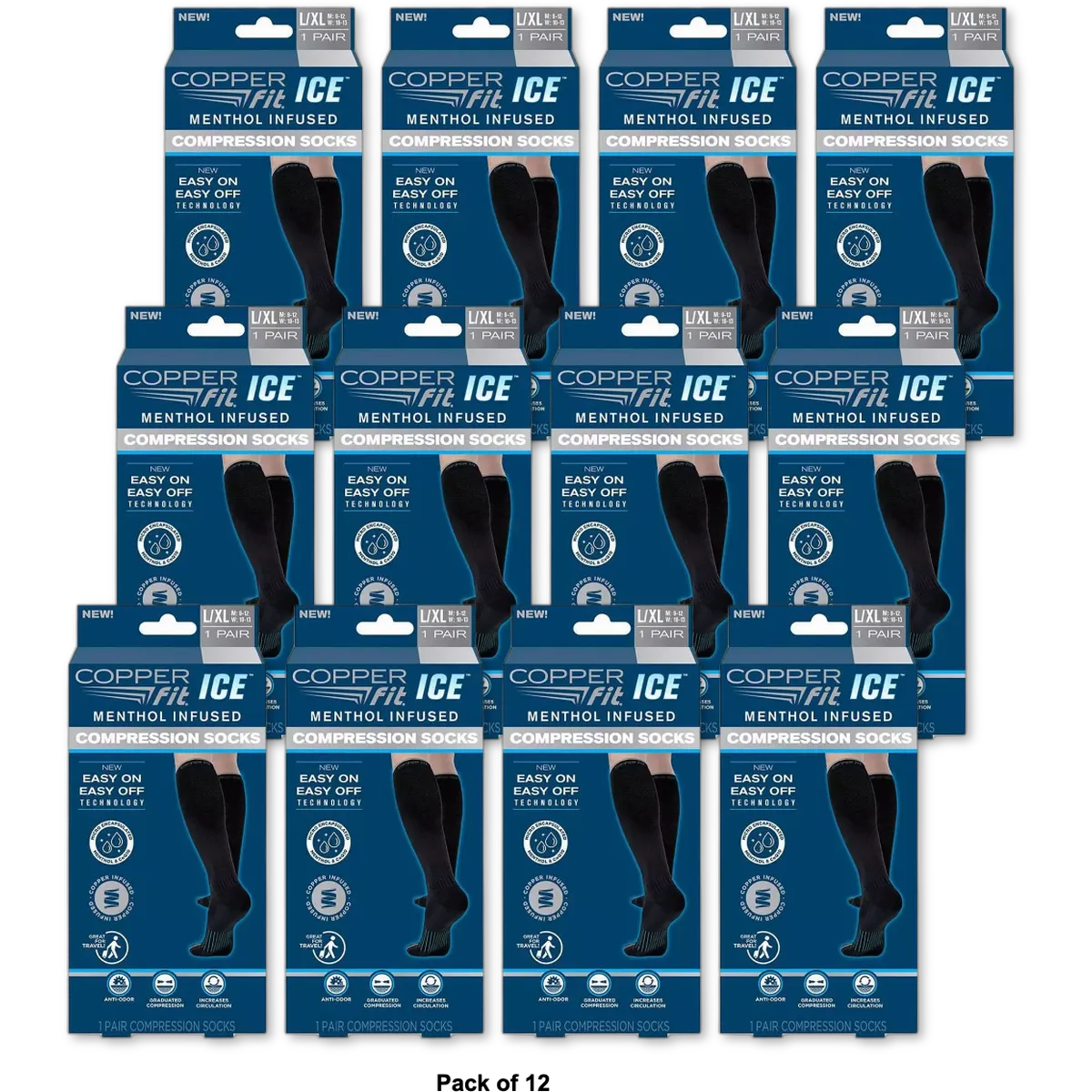 Copper Fit womens Ice Menthol Infused Compression Socks Black Large X 1 Pair 3.21Oz (Pack of 12)