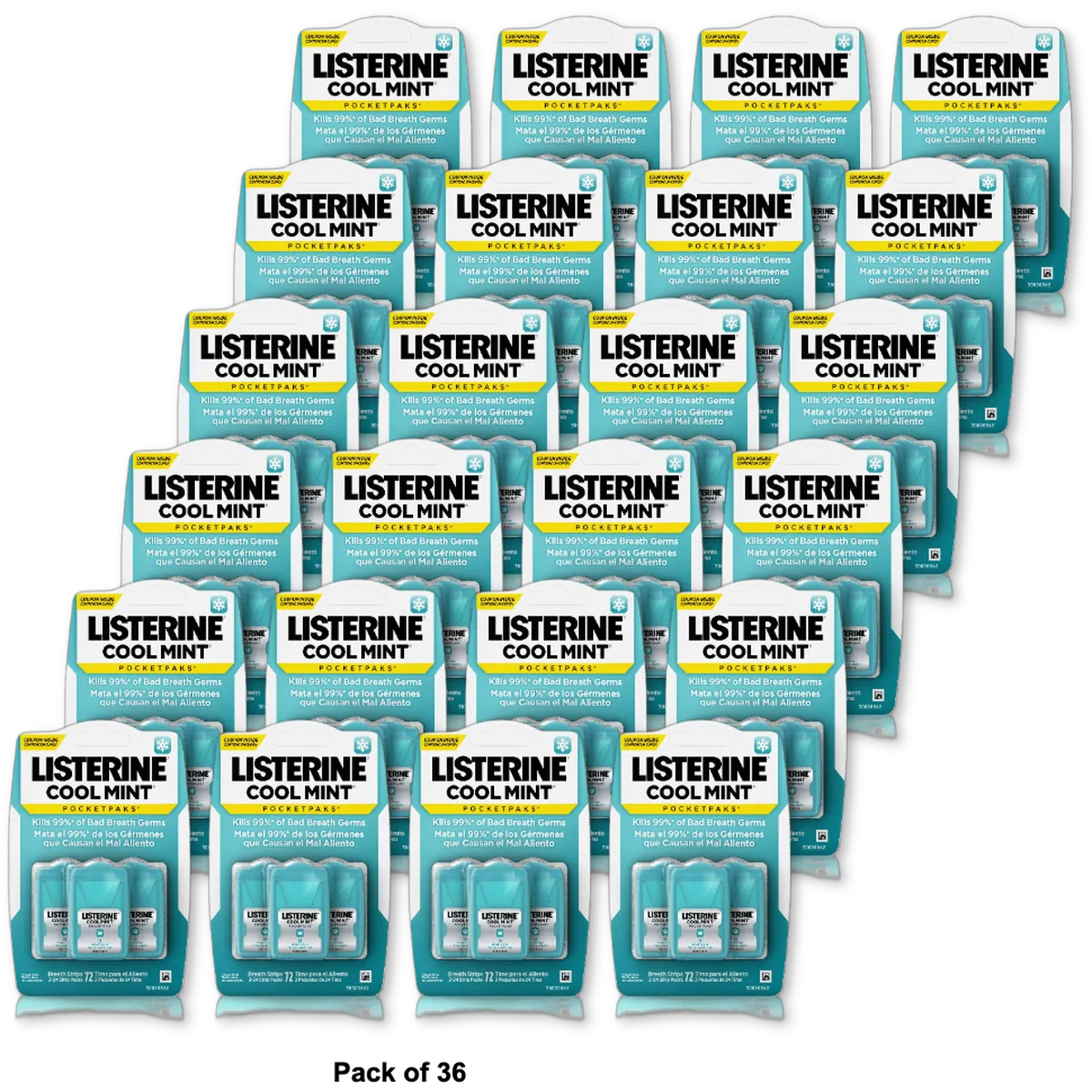 Listerine Pocketpaks Breath Strips Cool Mint 72 Strips 0.64Oz (Pack of 36)