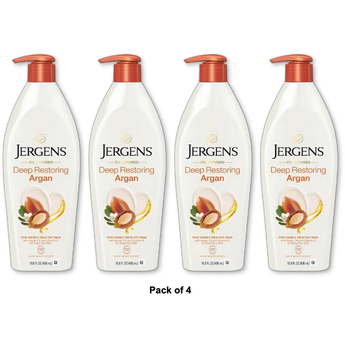 Jergens Deep Restoring Argan Moisturizer Body Lotion Pump 16.8Oz (Pack of 4)