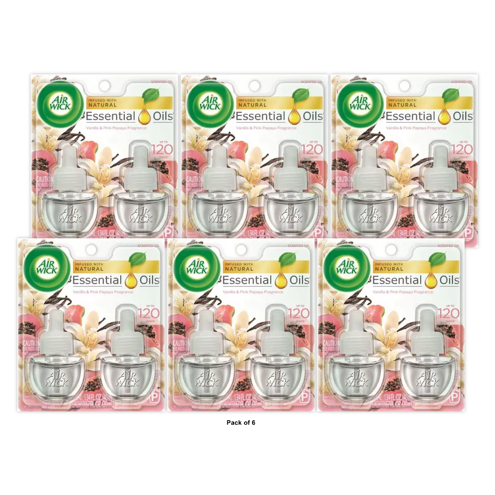 Air Wick Plug In Scented Oil Refill Vanilla And Pink Papaya Air Freshener Essential Oils 1.34Oz (Pack Of 6)