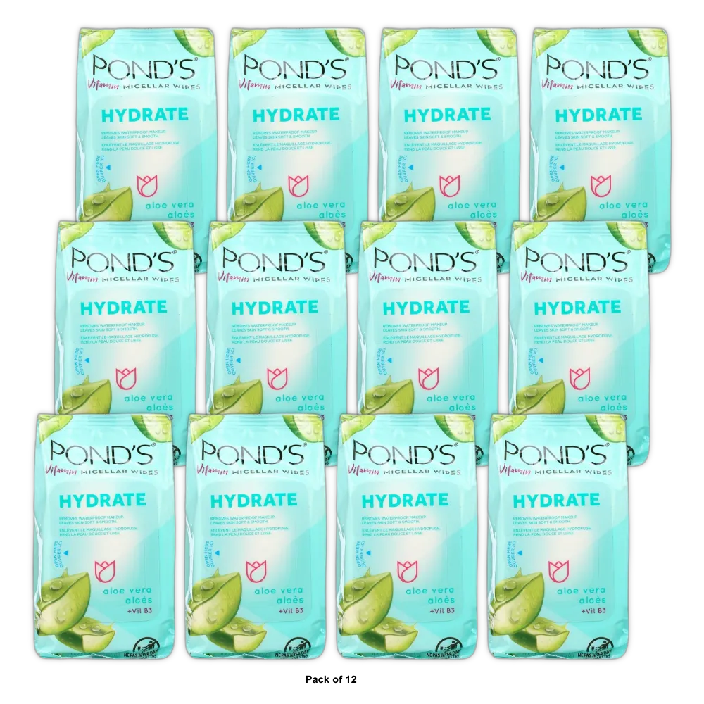 Ponds Vitamin Micellar Hydrate Facial Wipes Vitamin B3 And Aloe Vera 6.2oz (Pack of 12)