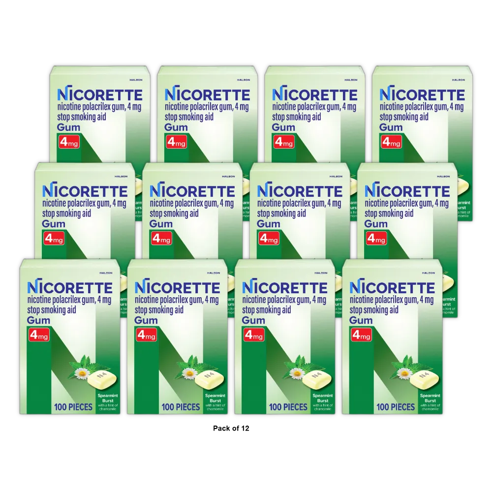 Nicorette Nicotine Stop Smoking Aid Gum 4 Mg Spearmint 6.74Oz (Pack of 12)