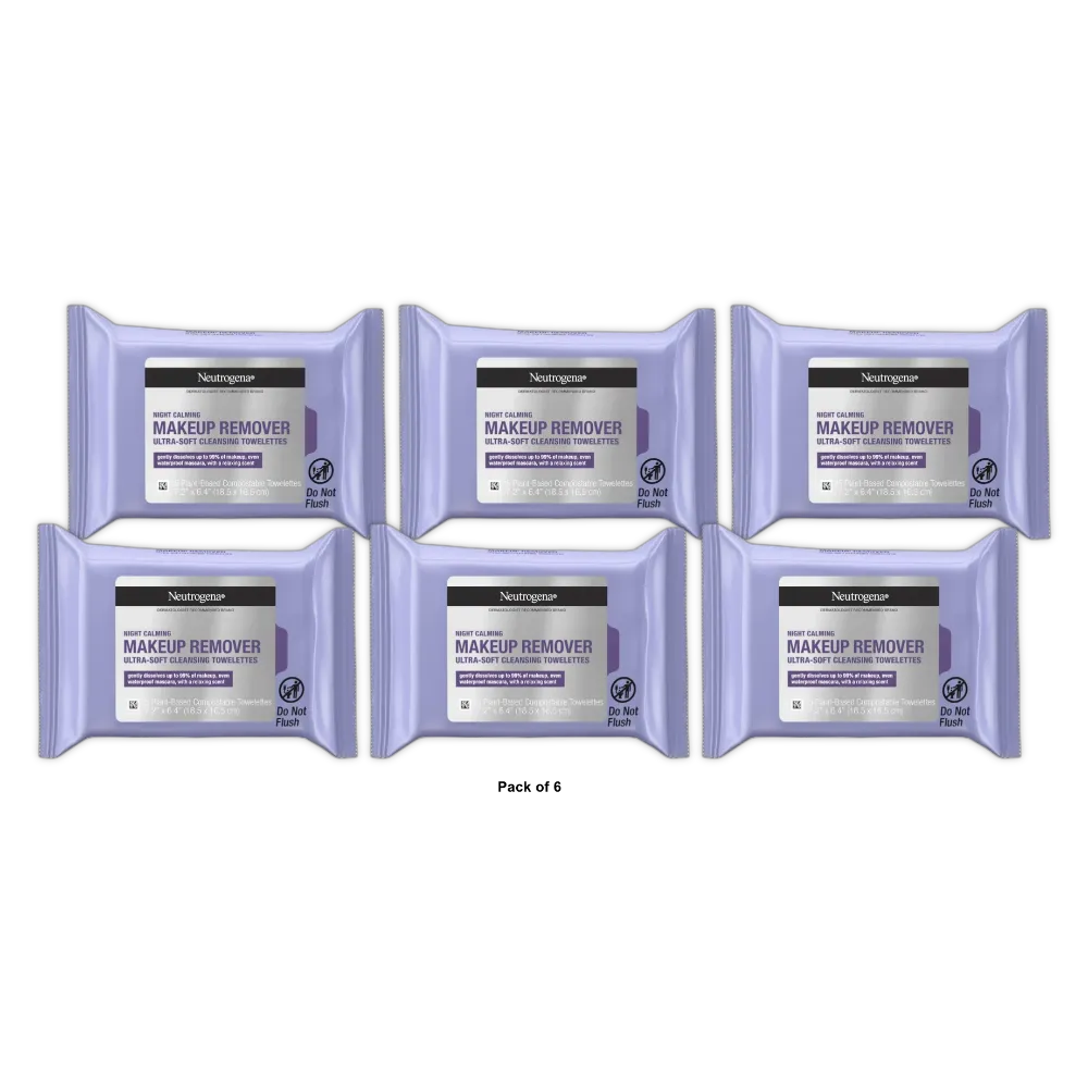 Neutrogena Makeup Remover Night Calming Wipes and Face Cleansing Towelettes 7.92Oz (Pack of 6)