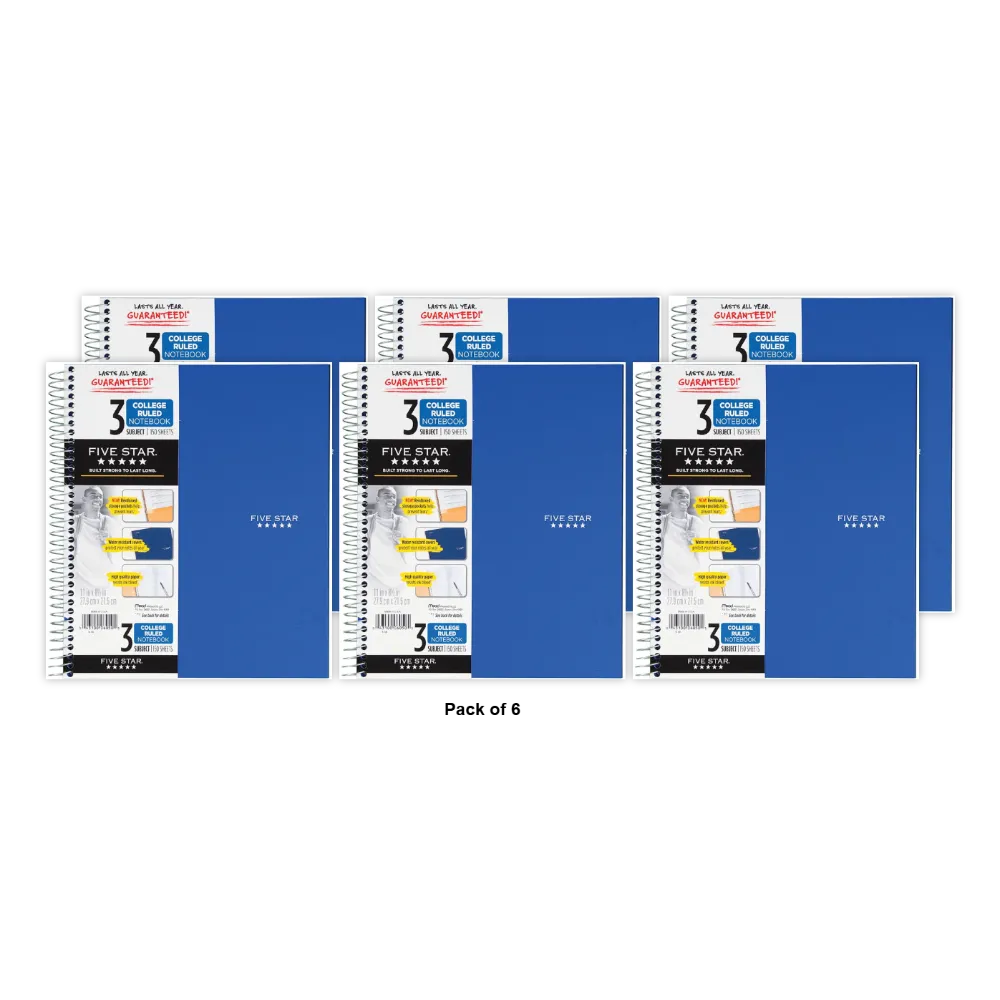 Five Star Wirebound 3-Subject Notebook College Ruled Color Choice Will Vary 15.7oz (11195) (Pack of 6)